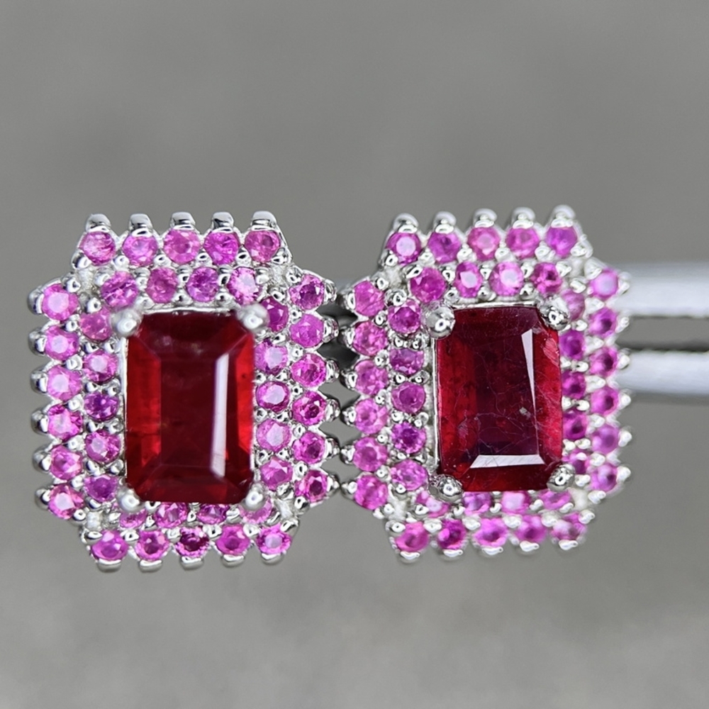 Silver Natural Ruby Glass Filled 925 Sterling Silver Stud Earrings NEW